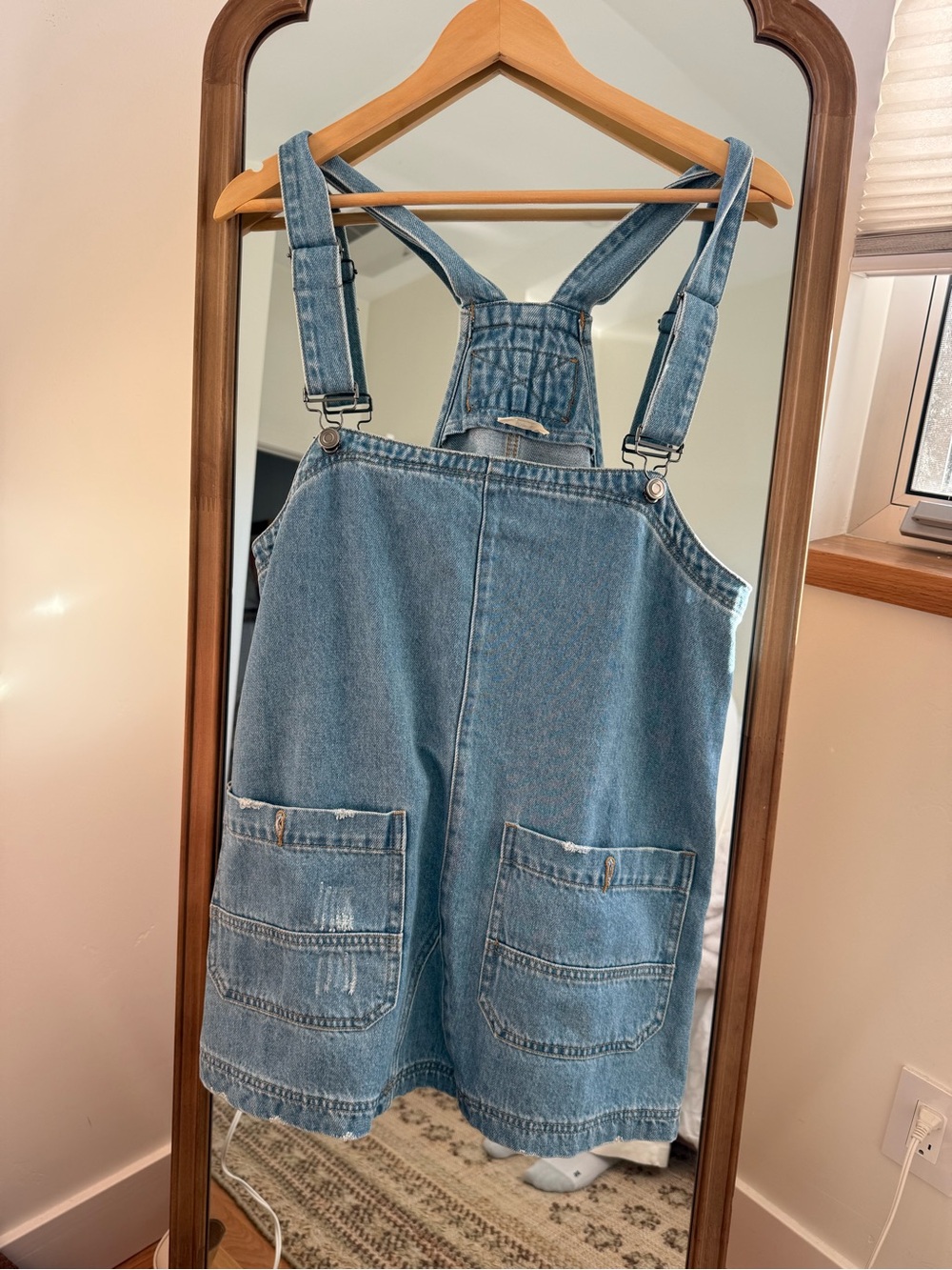 Denim Overall Dress with Front Pockets - Light Blue